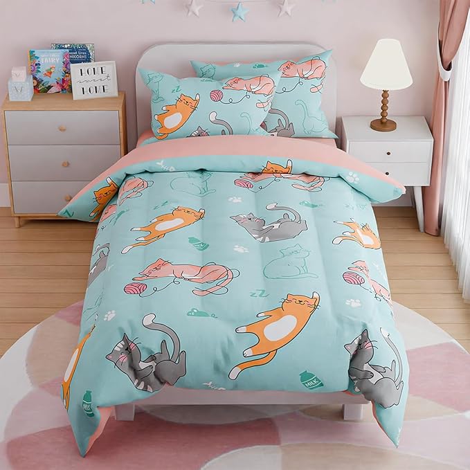 SANDJEST Cat Comforter Set Twin for Girls, Ultra Soft Microfiber Bedding Sets with 3-Pieces, Cats Comforters Bed Sets for Kids Children Girl Bedroom Decor