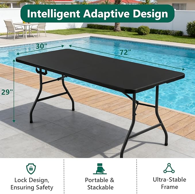 6FT Folding Table, Heavy Duty Plastic Fold-in-Half Utility Table with Handle, Portable Camping Picnic Table with Steel Legs for Indoor Outdoor Party, Dining, Black,2 Pack