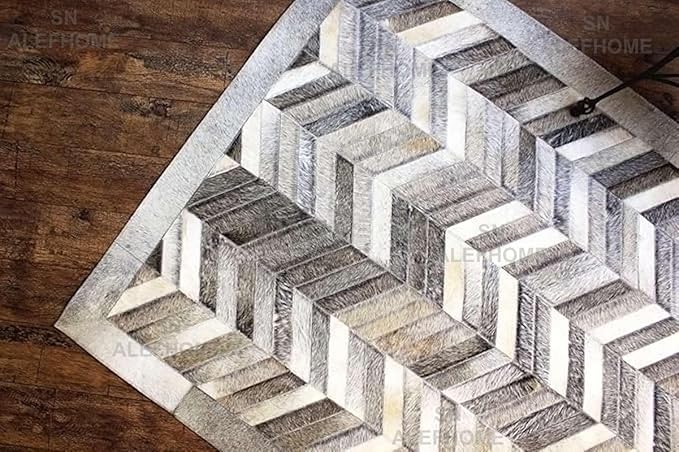 Chevron Pattern Faux Cowhide Area Rug | Non-Slip Leather Carpet for Living Room, Bedroom, and Office | Modern Designer Rug for Home Décor(4x6 ft_Grey)