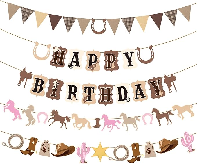 Horse Birthday Decorations,Pre-strung Horse Party Banners for Girls,Cowgirl Happy Birthday Decorations Western Horse Supplies Women