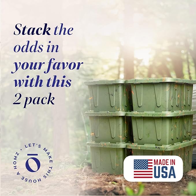 HOMZ 2-Pack Durabilt Tote, Heavy Duty Plastic Storage Bins with Lids, 27 Gallon, Green Camo - Stackable Organizing Containers for Home, Garage, and Office