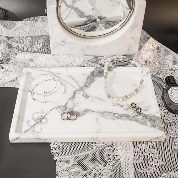 Real Luxurious Natural Marble Vanity Tray Genuine Marble Storage Tray for Home Decor Stone Tray for Bathroom/Kitchen/Vanity/Dresser Non-Resin/(arabescato)