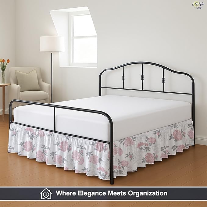 Cottington Lane Ruffled Bed Skirt Queen Size with Split Corner, Brushed Microfiber Hotel Quality Dust Ruffle, 21 Inch Drop Gathered Bedskirt, Soft, Stylish, Shrink & Fade Resistant, Blush Petals