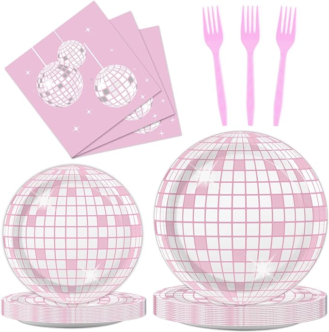 96PCS Pink Silver Disco Party Plates Napkins Disco Birthday Decoration 70s Theme Disposable Paper Cake Tableware Serve 24 Guests Women Girls Baby Shower Bachelorette Wedding Birthday Party Favor