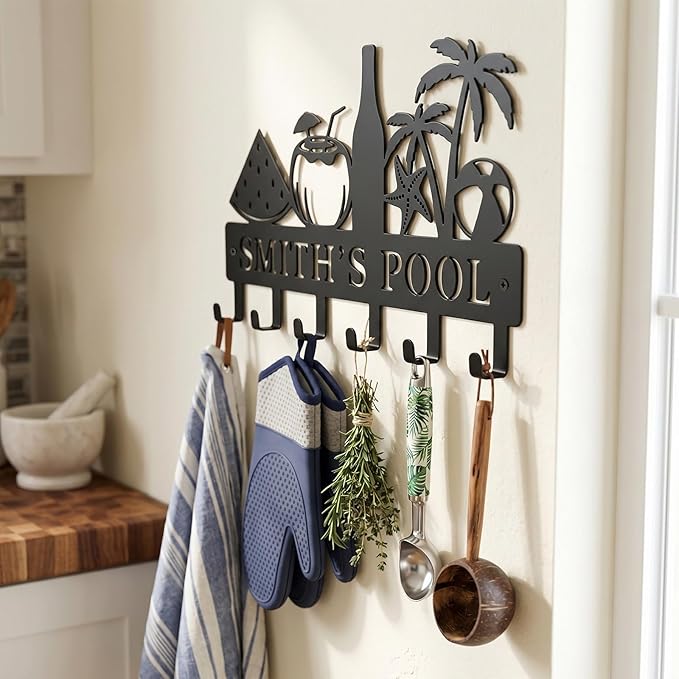 Metal Key Holder Wall Mount, Coastal Tropical Key Rack Hooks, Beach Pool Sunset Wall Art Organizer for Entryway, Kitchen, Hallway, Garage, Farmhouse Home Decor & Housewarming Gift (Pool Party)