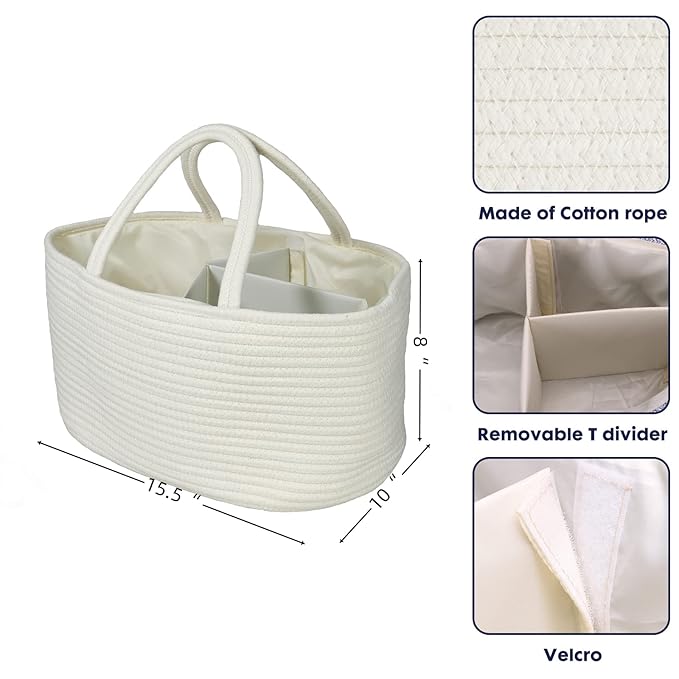 Large Baby Diaper Caddy Organizer for Girl Boy Rope Nursery Storage Bin Basket Portable Holder Tote Bag for Changing Table Car Travel Baby Shower Gifts Newborn Essentials Registry Must Haves White
