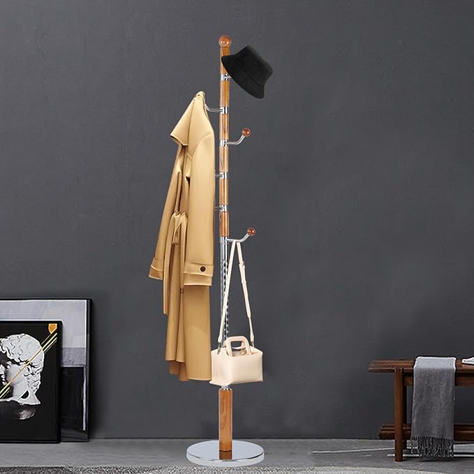 Coat Racks FreeStanding with 11 Hooks, Natural Wood Coat Rack with Solid Round Base, Adjustable Height Coat Racks, Easy Assembly for Hallway, Bedroom and Office (Solid Wood Metal Hook)