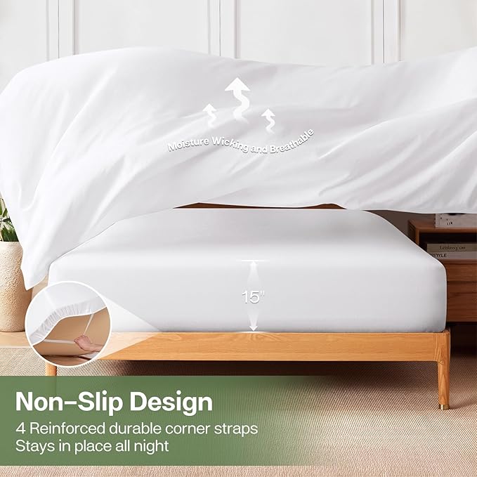 MR&HM Twin Fitted Sheet Only, Ultra-Soft Rayon Derived from Bamboo & Polyester Blend, Silky & Breathable, 15" Deep Pocket with Elastic Straps, Cooling Fitted Sheet for Hot Sleepers, White