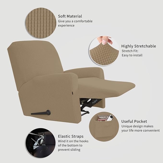 Easy-Going Recliner Stretch Sofa Slipcover Sofa Cover 4-Pieces Furniture Protector Couch Soft with Elastic Bottom Kids Spandex Jacquard Fabric Small Checks(Recliner,Tan,Large)