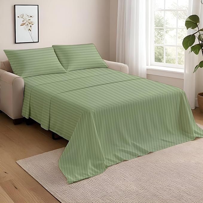 NON Sticky cotton Full Size Sleeper Sofa Sheets, 4 Piece Egyptian Cotton Bed Sheet Set for Sofa Bed, 10" Deep Pocket for Pull Out Couch Mattress, 54" x 75", Sage Stripe, Soft & Breathable