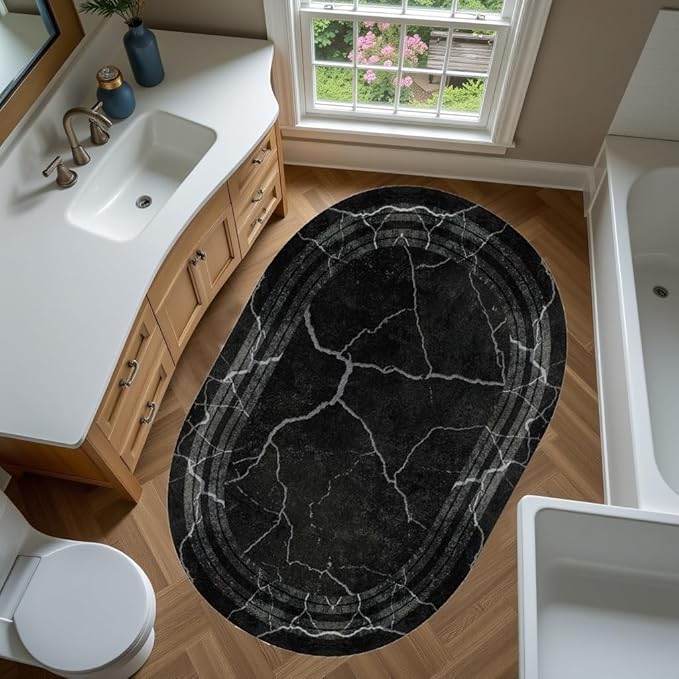 Black Grey Striped Texture Bordered Rugs 6x8 Modern Minimalist Indoor Large Area Rug for Living Room Bedroom Dining Room Soft Faux Wool Non Slip Floor Mats Entrance Bathroom Home Office Oval Carpet
