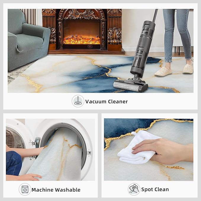 6x9 Abstract Marble Living Room Rug - Blue-White-Marble Bedroom Carpet, Luxury Stone Pattern Classroom Rug for Carpet Boy Bedroom Office Nursery Hardwood Home Decor