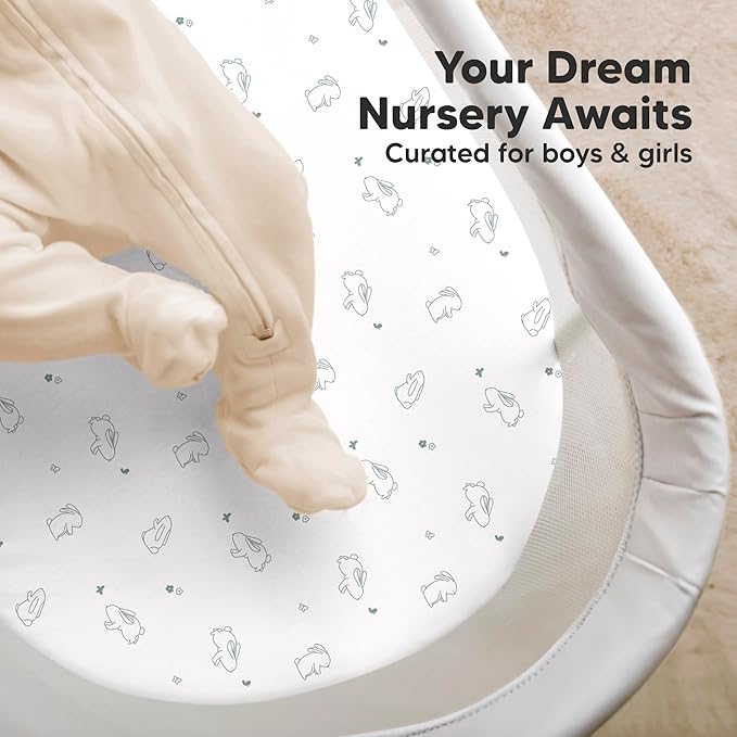 2-Pack Organic Bassinet Sheets for Girls, Boys - 100% Cotton Bassinet Mattress Sheets Compatible with Halo Bassinest Swivel Sleeper, Graco, Baby Delight, Chicco,Unisex Fitted Bassinet Sheets(Bunnies)
