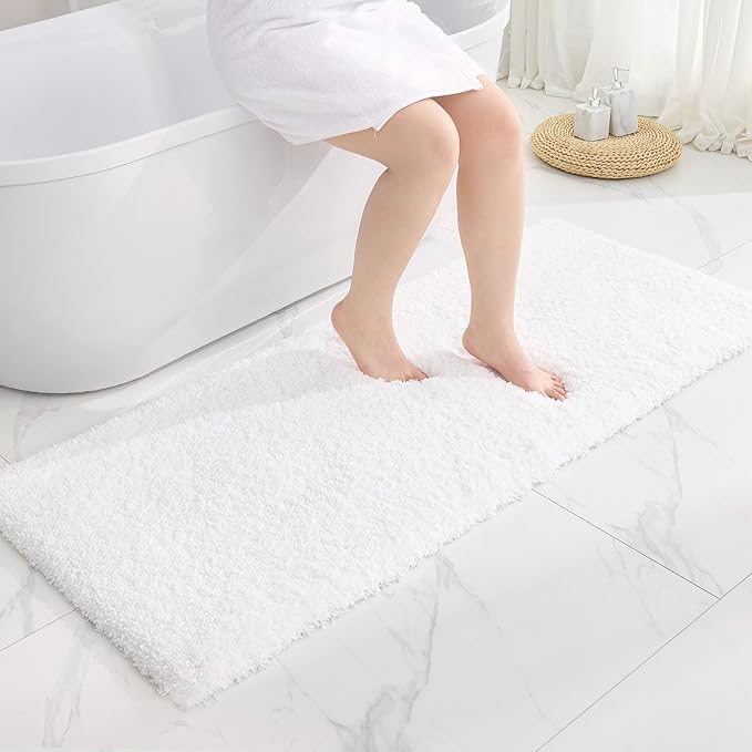 White Bathroom Rugs 24x48 Non Slip Fluffy Bath Mat for Bathroom Floor Washable Plush Luxury Bath Rug for Tub Soft Shaggy Absorbent Shower Sink Mat