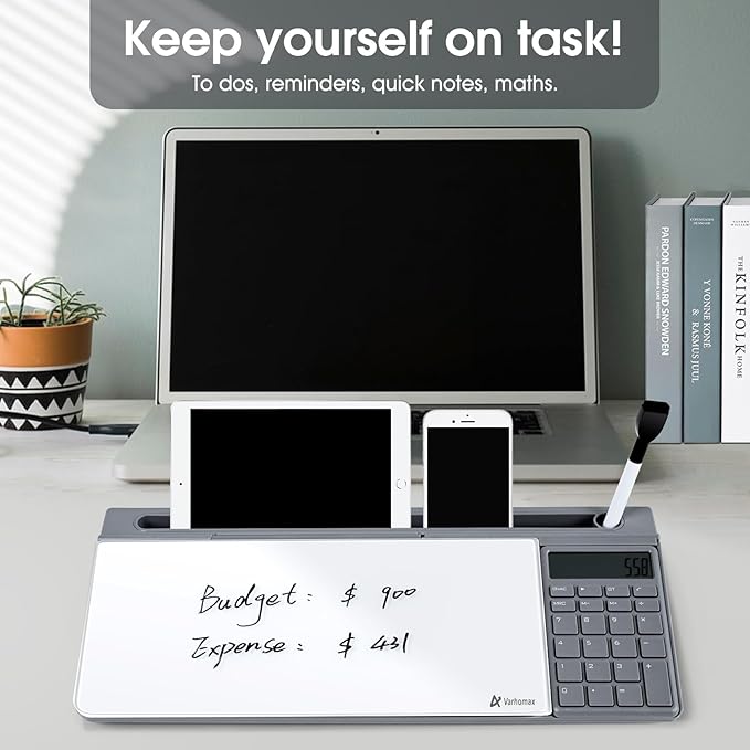Varhomax Glass Desk Whiteboard with Calculator, Desktop Dry Erase White Board with Storage, to Do List Memo Notepad for Home and Office