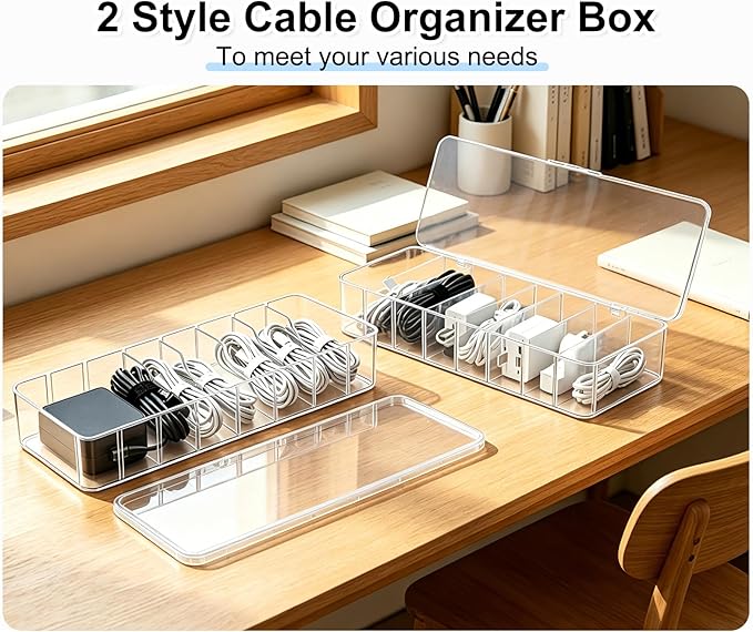 Cheardia 4 Pack Cable Organizer Box with Wire Ties, 2 Style Plastic Cord Storage Box, 10 In Adjustable Clear Charger Organizer with Lid for Electronics Office Home Desk Accessories