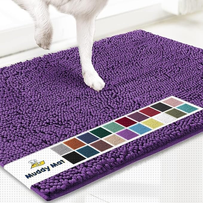 Muddy Mat® AS-SEEN-ON-TV Highly Absorbent Microfiber Door Mat and Pet Rug, Non Slip Thick Washable Area and Bath Mat Soft Chenille for Kitchen Bathroom Bedroom Indoor and Outdoor - Purple 24" x 96"