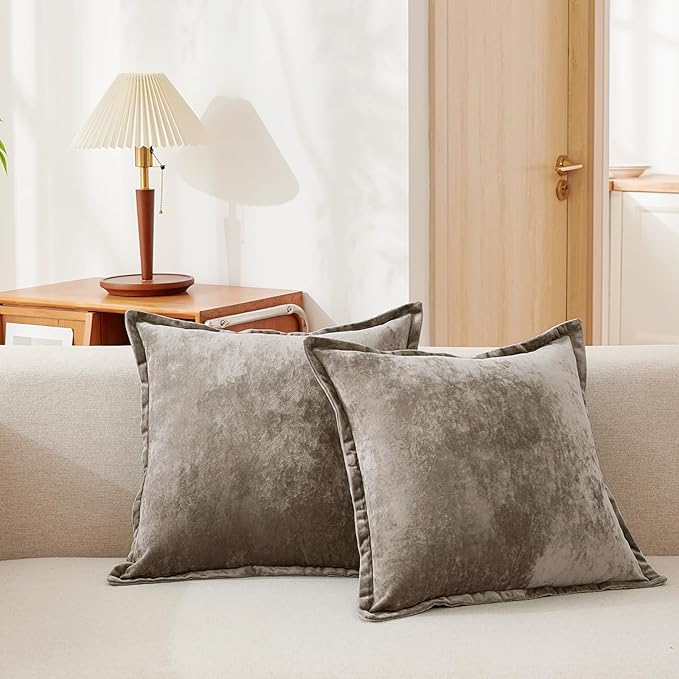 Luxurious Velvet Throw Pillow Covers 20x20 Set of 2 Decorative Pillow Covers Solid Square Cushion Case for Sofa Couch Bedroom Farmhouse, Brown