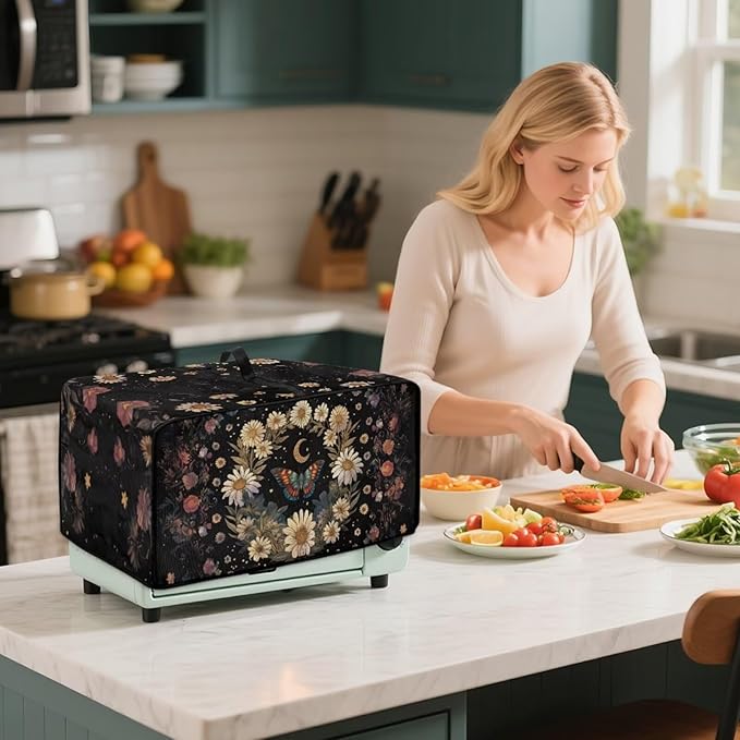Vintage Daisy Butterfly Moon Print Toaster Oven Cover with Storage Bags Dust Cover for Microwave Oven Polyester-Linen Small Appliance Dust Covers Fits Most Microwaves, M