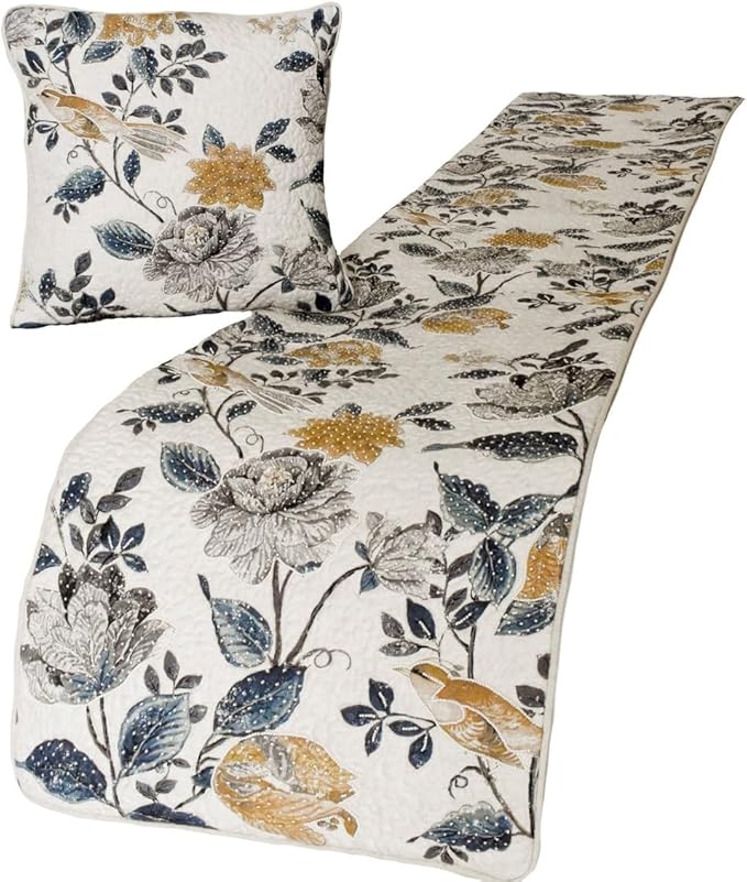 The HomeCentric King/Queen/Twin Blue & Ivory Decorative CA King 86"x18" Bed Runner with 2 Pillow Cover, Bird, Pearl & Quilted Bed Scarf on Linen Fabric - Vintage Birdena