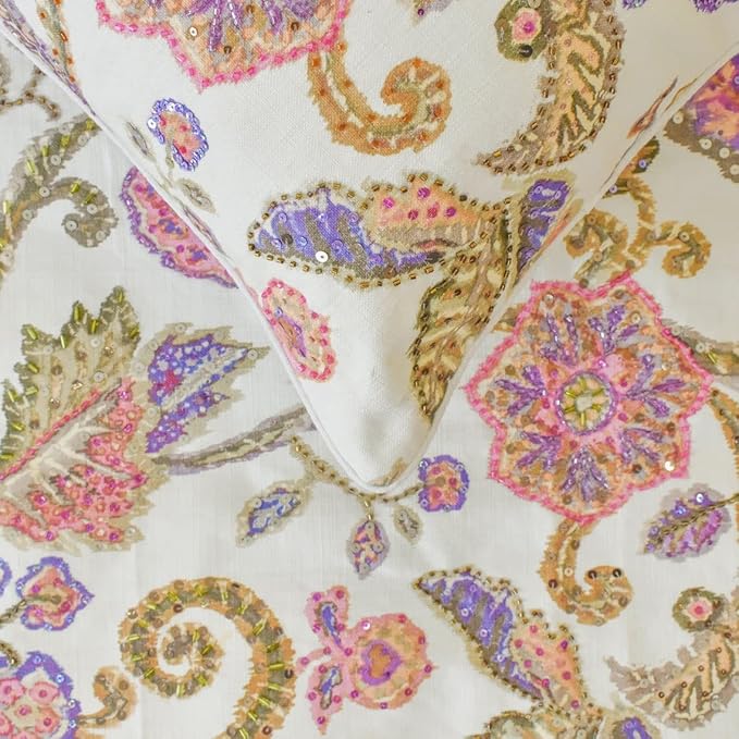 The HomeCentric King/Queen/Twin White & Pink Designer King 90"x18" Bed Runner with Pillow Cover, Floral, Printed, Sequins, Beaded, Embroidery & Handmade Bed Scarf on Cotton Fabric - Aster