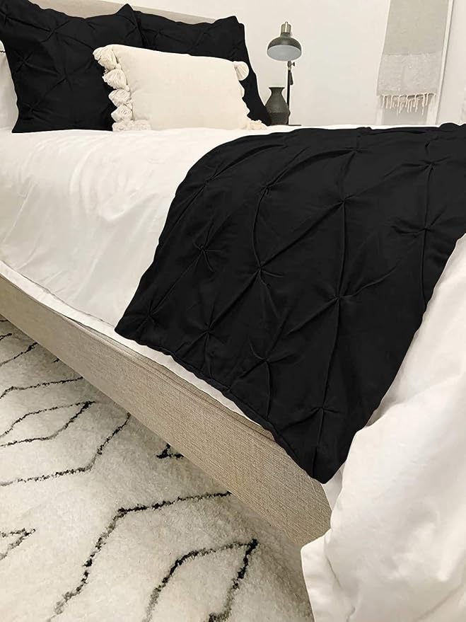 Bed Runner Set - 100% Pure Cotton 800 Thread Count - Luxury 1 Pinch Pleated Bed Runner and 2 Pillow Cover - 3 Piece Pinch Pleated Bed Runner Set King, Black