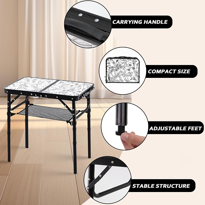 Toile de Jouy-Inspired Camping Table, Vintage French Floral Pattern Folding Table, Adjustable Height, Lightweight & Portable Outdoor Picnic Table with Carry Handle for Patio, Living Room, Travel