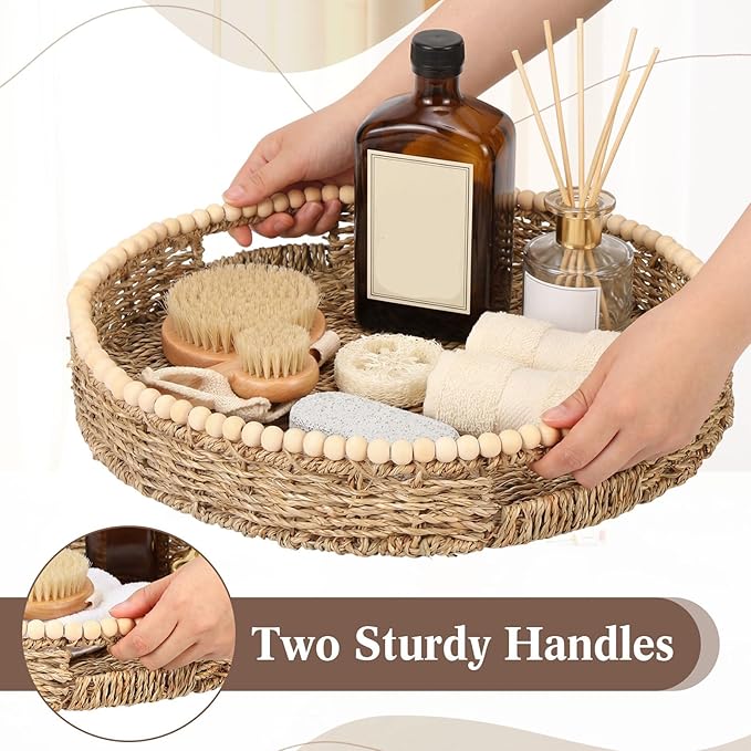 Round Wicker Tray 16'' Large Seagrass Tray Decor with Wooden Beads and Handles, Woven Dining Room Decor for Kitchen Counter, Living Room, Bedroom (Seagrass)