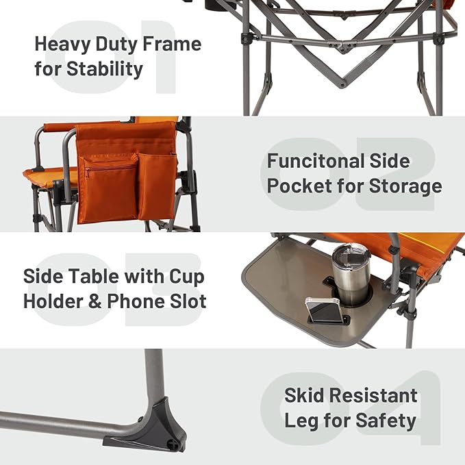 Timber Ridge Aluminum Camping Directors Chair with Side Table Pocket, Portable Folding Chair, Heavy Duty Lawn Chair for Fishing Trip Picnic Concert Outdoor 400lbs, Orange