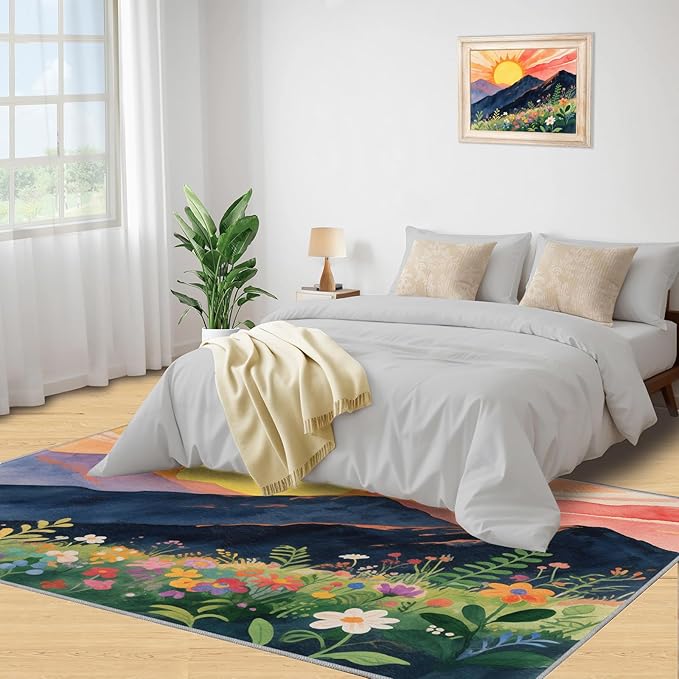 Boho Sun Area Rugs 5x6ft, Minimalist Line Rugs for Kids Bedroom, Geometric Solar Office Rug Low Pile are Not Stumbling Foot for Living Room End Table Nursery