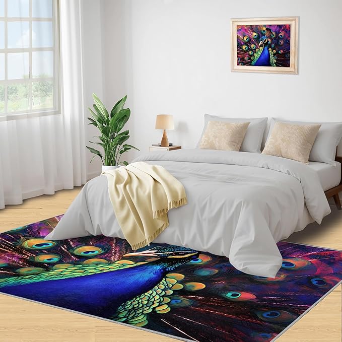 Peacock Rugs for Bedroom - 5x7 Area Rug - Watercolor Peacock Rugs for Living Room, Abstract 3D Animal Rug, Non-Slip Washable Home Decor Carpet