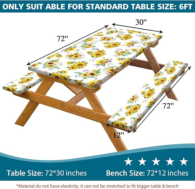 Sunflower Picnic Table Cover with Bench Covers, Summer Farmhouse Outdoor Table Covers with Elastic Camping Tablecloth for Party Essentials, Vintage Floral Rectangular Picnic Tablecloth Cover