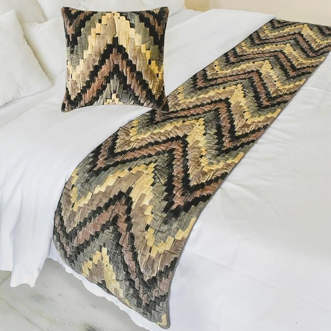 The HomeCentric King/Queen/Twin Beige Designer Full 68"x18" Bed Runner with Pillow Cover, Abstract, Chevron, Quilted Bed Scarf on Suede Velvet Fabric - Paramount