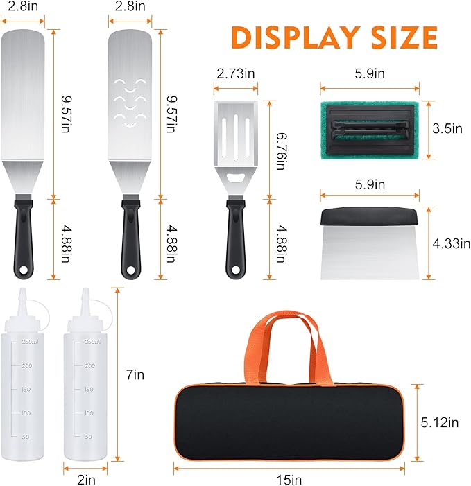 AULTONG 8-Piece Griddle Accessory Kit – Premium Stainless Steel Tools with Leak-Proof Bottles, Scraper, Spatulas, Cleaning Brush & Carry Bag for Blackstone & Camp Chef(8pcs)