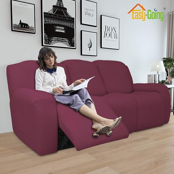 Easy-Going 8 Pieces Recliner Sofa Stretch Sofa Slipcover Sofa Cover Furniture Protector Couch Soft with Elastic Bottom Kids, Spandex Jacquard Fabric Small Checks ASH Rose