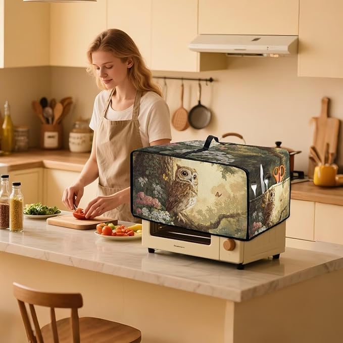 Owl Floral Tree Butterfly Print Microwave Oven Dust Cover Heavy Duty Microwave Oven Cover with Storage Pockets Foldable Dust-Proof Decor Accessories for Kitchen, L
