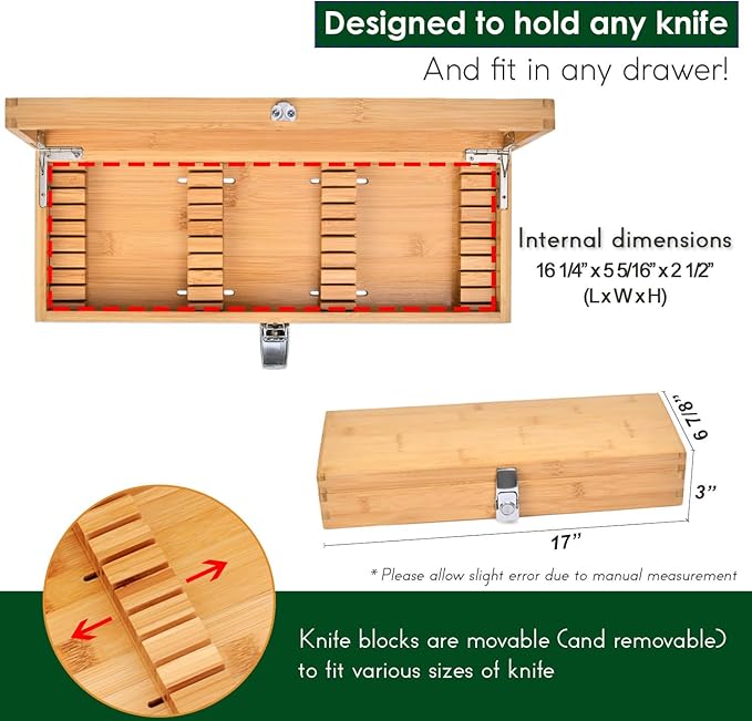 Bamboo Knife Lock Box & Kitchen Drawer Organizer with Key for Child Safety