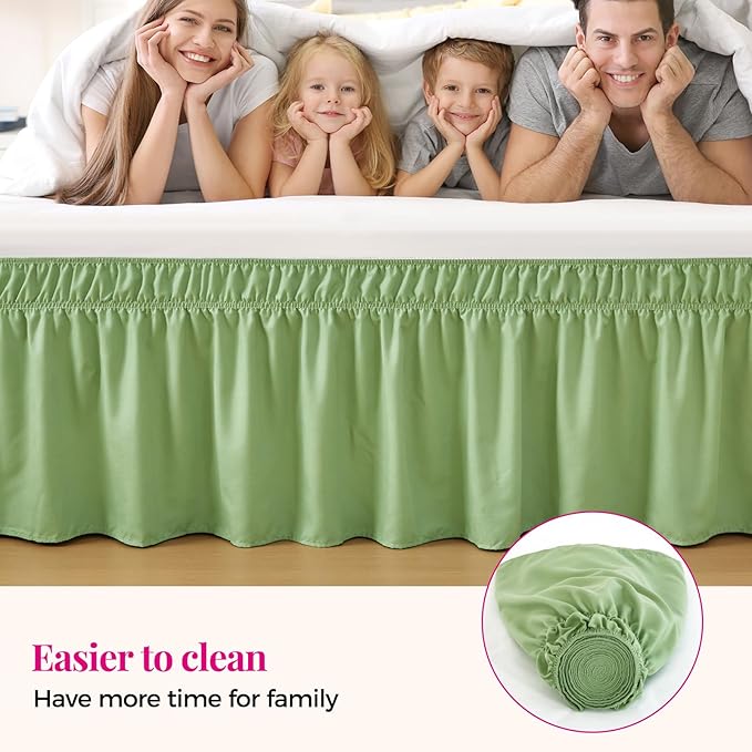 RIMELA Light Green Bed Skirt Twin Size 15 Inch Drop, Elastic Bed Skirting, Bedding Dust Ruffle Easy to Install, Hotel Quality Wrap Around Bedskirt, Bedroom Decor
