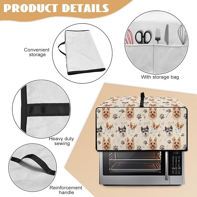 Air Fryer Toaster Oven Dust Cover Washable Fabric Convection Oven Protector with Storage Pockets, L, Yorkshire Terrier Schnauzer Dog Bone Paw Beige Puppy Pattern