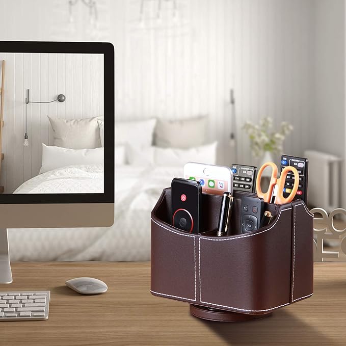 YAPISHI Leather Remote Control Holder, 360 Degree Spinning Desk TV Remote Caddy/Box, Coffee Table Organizer for Controller, Media, Calculator, Mobile Phone and Pencil Storage