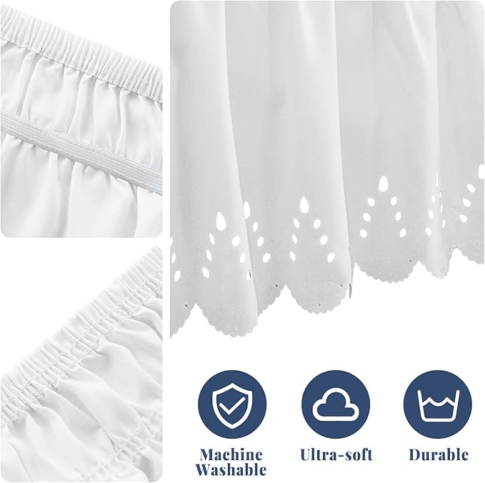 King Bed Skirt, Double-Layered Ruffled Eyelet Bed Skirt, Wrap-Around Elastic Dust Ruffle King Size with Gathered Styling and Embroidered Details, 14" Drop Length (White)