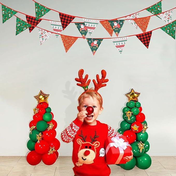 Zwiebeco 32Ft Red Green Christmas Pennant Banner Triangle Flags Fabric Bunting Garland Red-Black Plaid Checkered Cotton Flag for Xmas Birthday Wedding Christmas New Year Party Home Garden Decorations