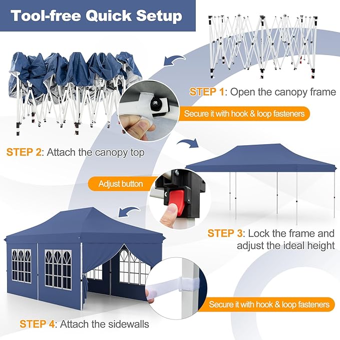 Tangkula 10x20 Ft Pop Up Canopy, UPF 50+ Portable Outdoor Canopy Tent with with 6 Removable Sidewalls, 2 Zippered Door, Windows, Carrying Bag for Party, Wedding, Backyard