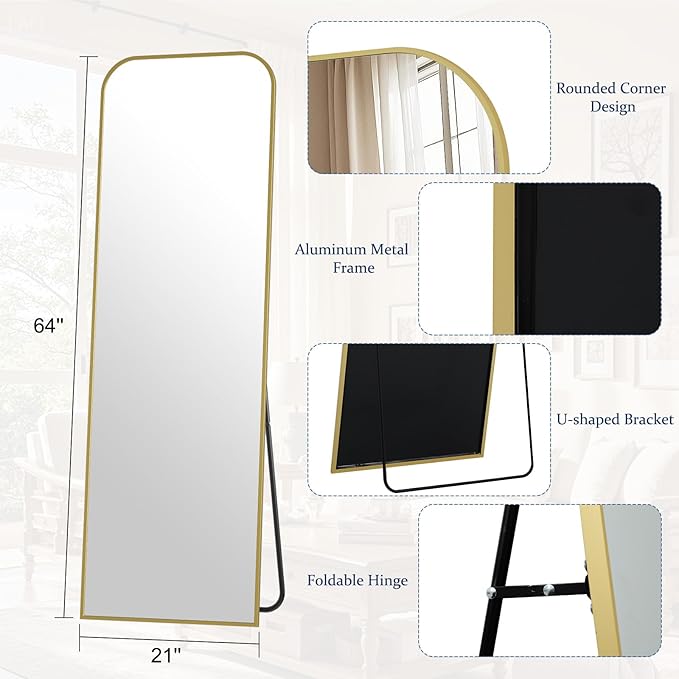 Full Length Mirror 64"x21" Arched Floor Standing Large Mirrors Full Body Mirror with Stand - with Aluminum Frame for Bedroom Living Room, Gold