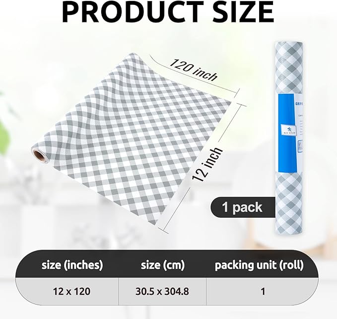 RAY STAR 12X120 Inch Shelf Liner for Kitchen Cabinets, Non-Adhesive Cabinet Liner Washable, PVC Drawer Liner for Dresser Non-Slip Bathroom (Plaid)(1 Roll)