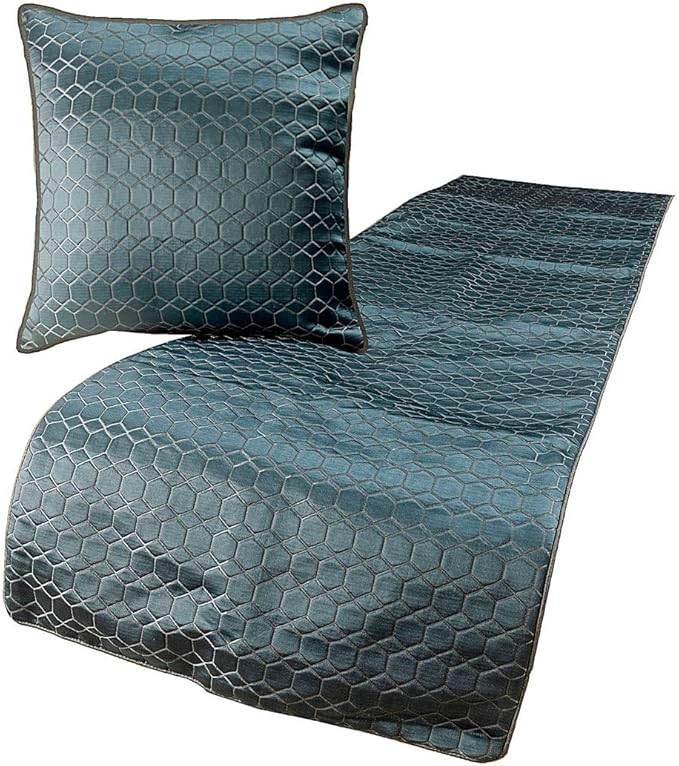 The HomeCentric King Queen Twin Blue Luxury Full 68"x18" Bed Runner with Pillow Cover, Hexagon Pattern Bed Scarf on Jacquard Fabric - Hexagon Lagoon