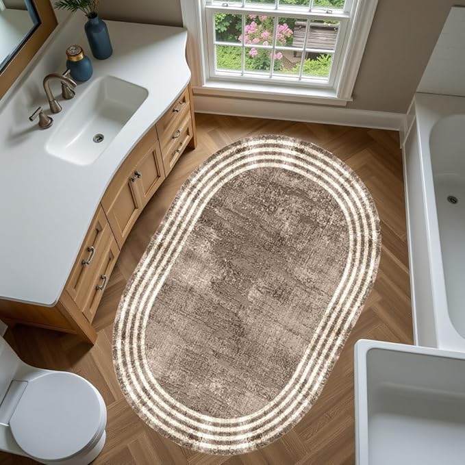 Country Earth Tone Brown Minimalist Distressed Home Office Rugs 9x12 for Living Room Bedroom Diningrooom Machine Washable Soft Thick Area Rug Nursery Dorm Kitchen Oval Geometric Bordered Large Carpet
