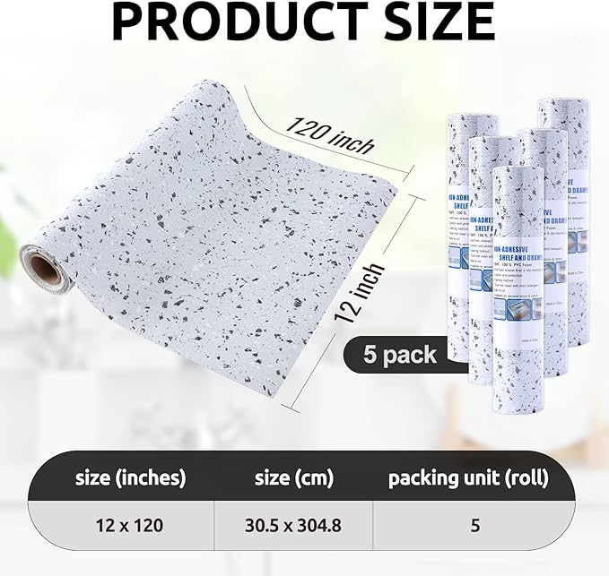 RAY STAR 12X120 Inch Shelf Liner for Kitchen Cabinets, Non-Adhesive Cabinet Liner Washable, PVC Drawer Liner for Dresser Non-Slip Bathroom (Stone)(5 Roll)