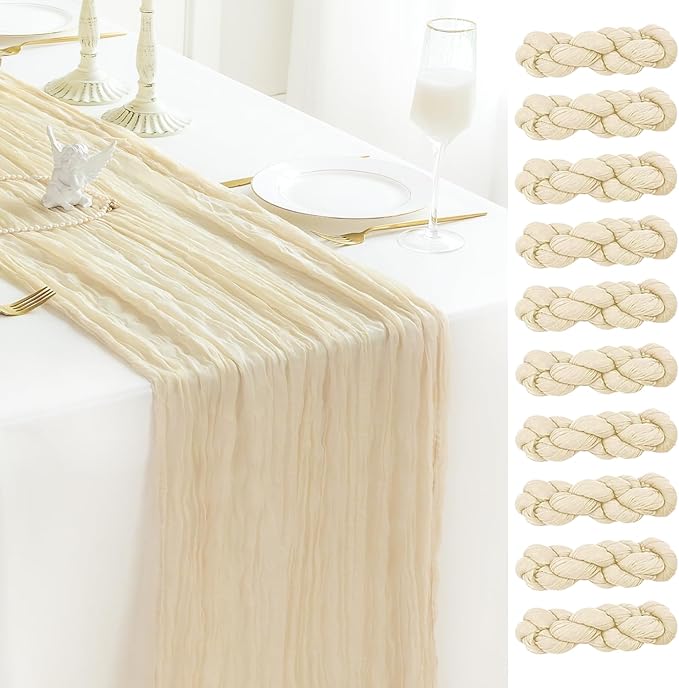 Sioloc 10 Pack Beige Cheesecloth Table Runner 120'' x 35'',Spring Easter Decor Soft Gauze Boho Wedding Table Decor for 10ft Table Birthday Party,Baby Shower, Bridal Shower, Home & Event Decor
