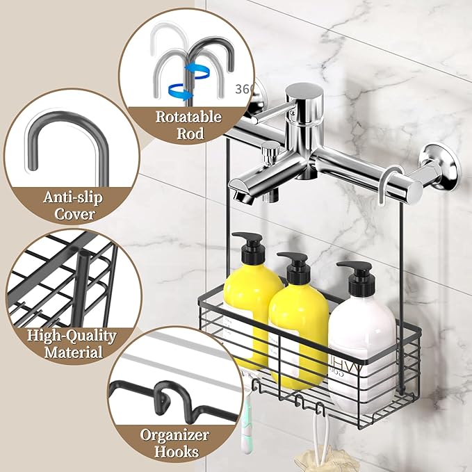DELLAN Hanging Shower Rack, Shower Organizer Hanging for Bathroom, Shower Rack with Hooks Over the Door, Bathroom Shower Caddy and Basket(Black)
